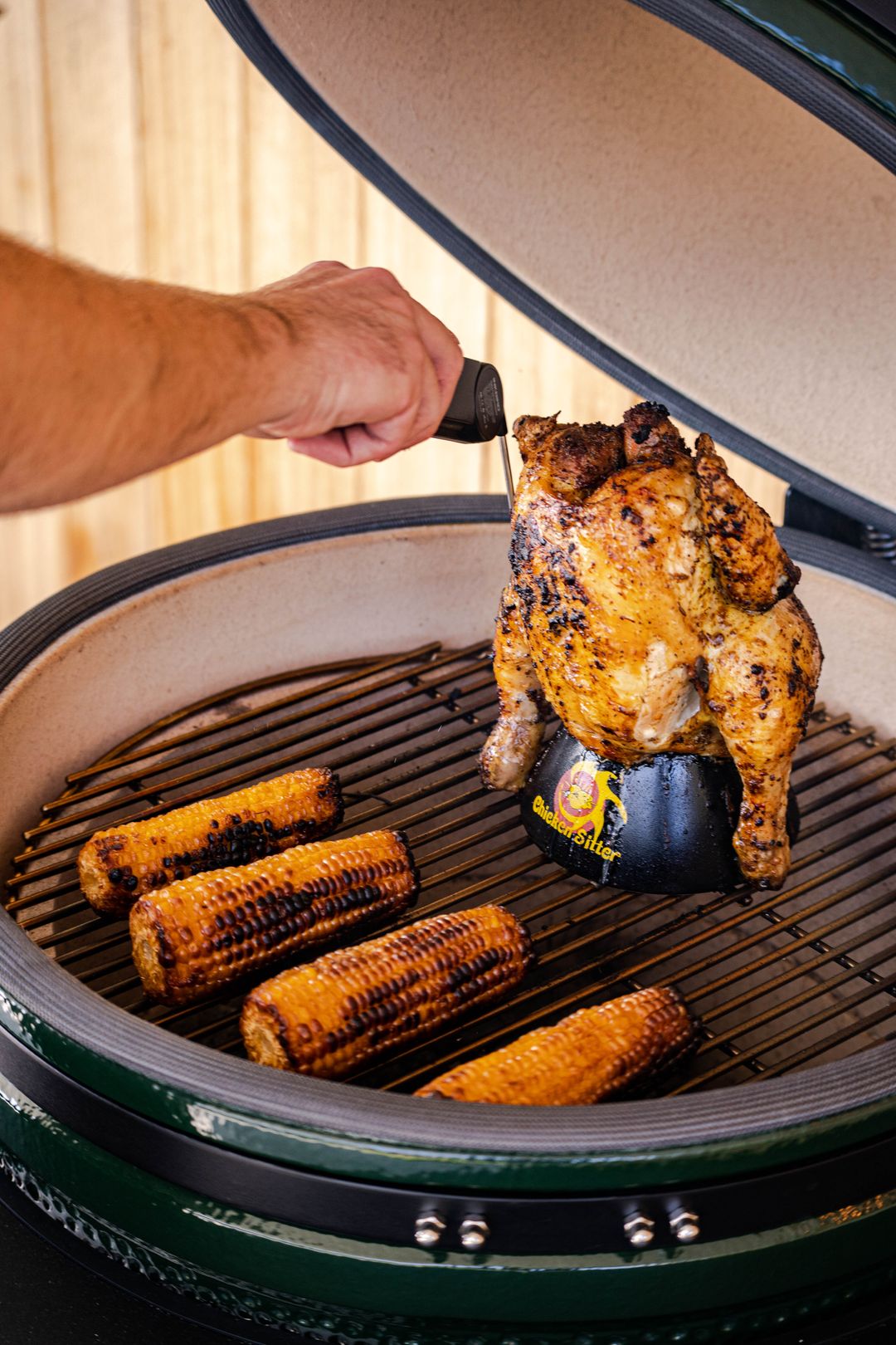 Chicken on a can sitter ceramic Kamado